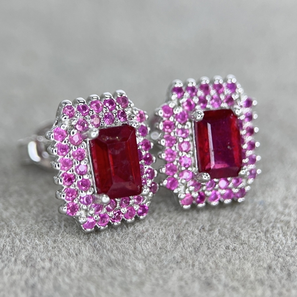 Silver Natural Ruby Glass Filled 925 Sterling Silver Stud Earrings NEW - Picture 3 of 4